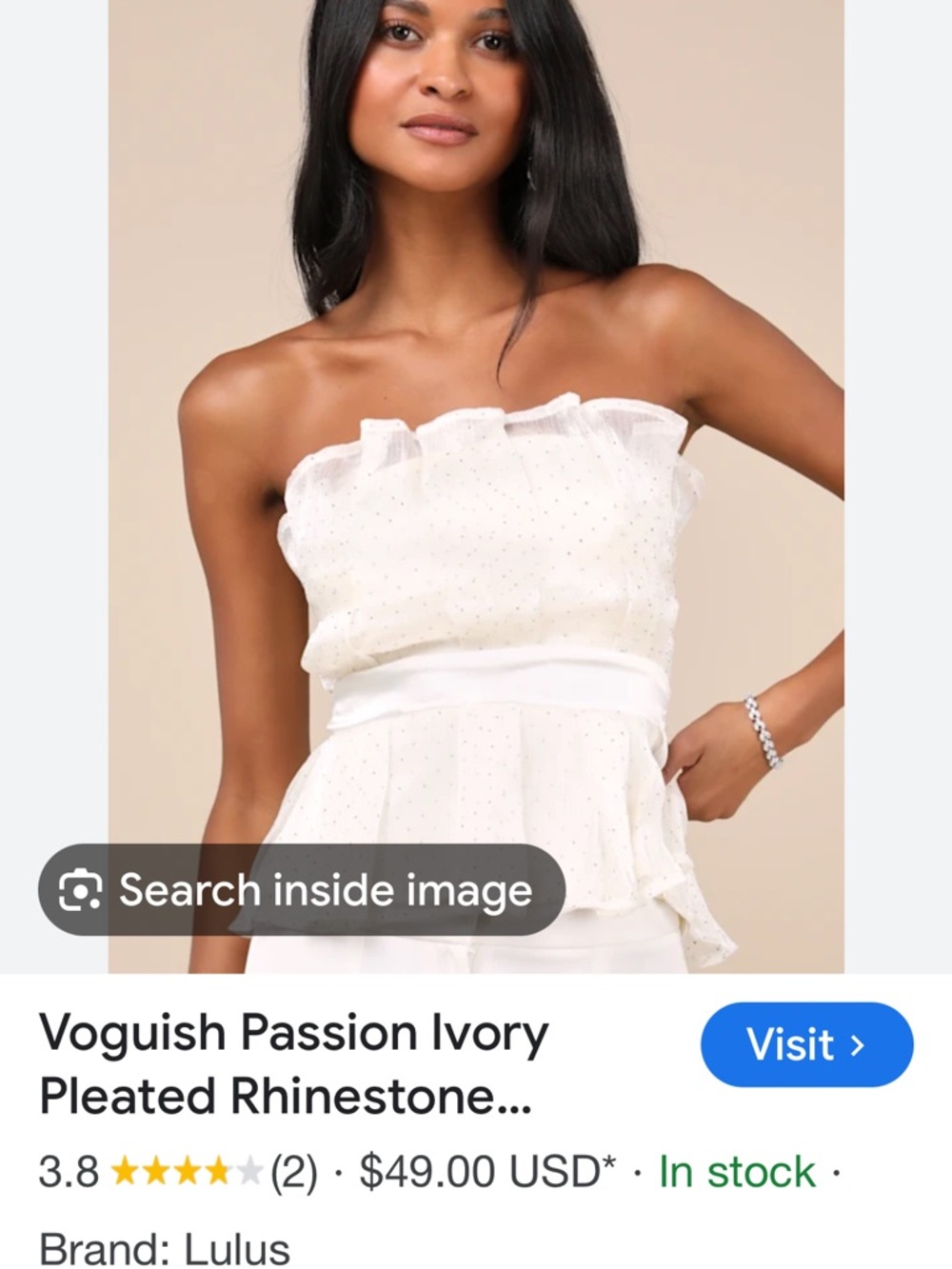 Strapless Ivory Pleated Rhinestone Peplum Top